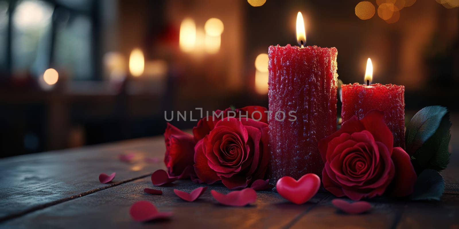 A cozy setting features three red candles flanked by vibrant roses, creating a romantic ambiance. Soft light flickers, adding warmth to the evening celebration.