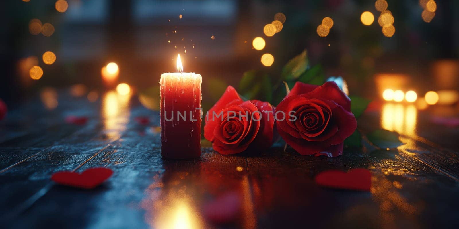 Setting the mood for romance, a glowing candle stands beside two elegant red roses on a table adorned with heart-shaped confetti. Soft lighting enhances the intimate atmosphere.
