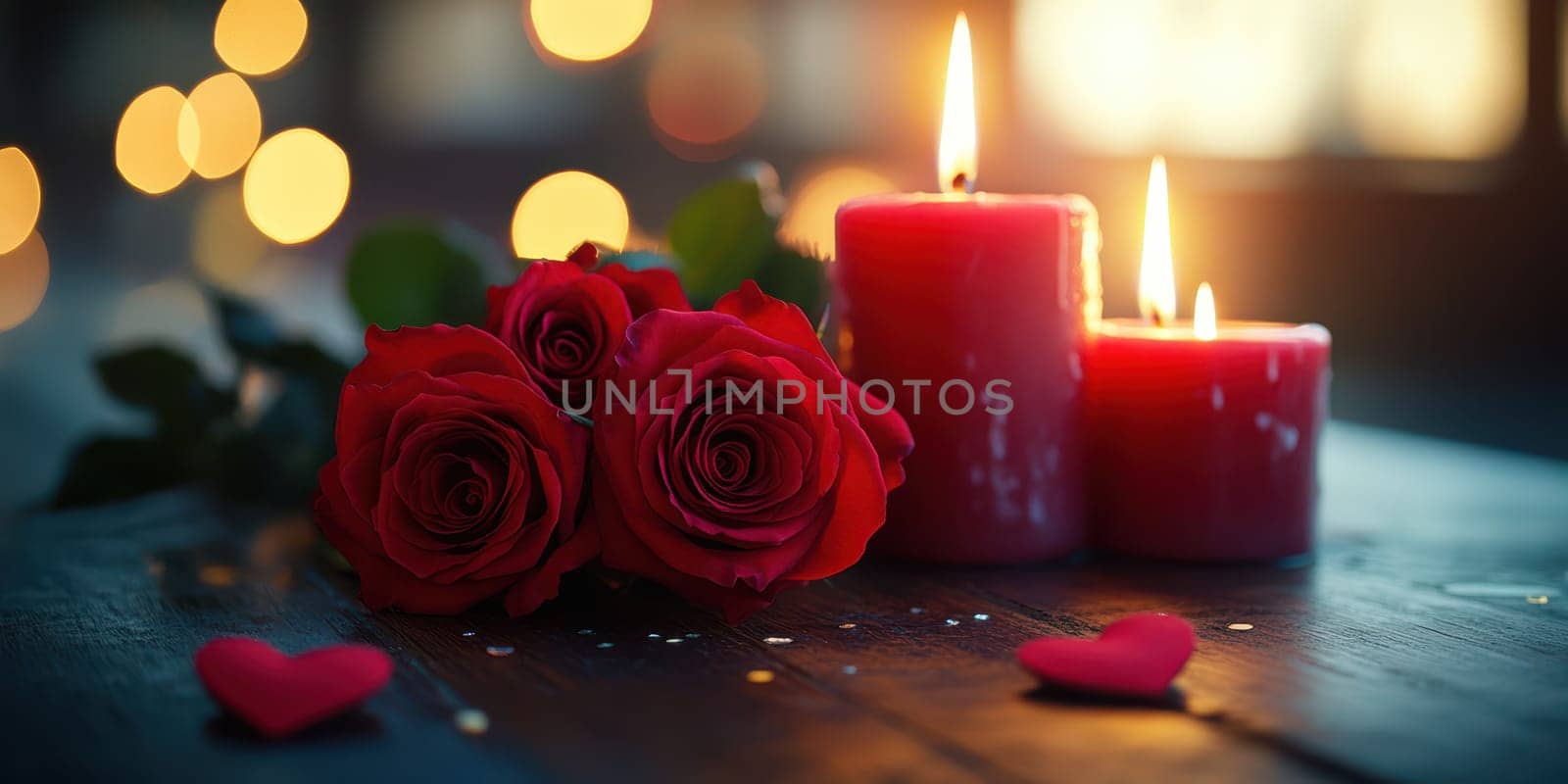 Red roses are arranged beside three lit candles, casting a warm glow. Hearts and shimmering accents decorate the wooden table, enhancing the romantic ambiance of the setting.
