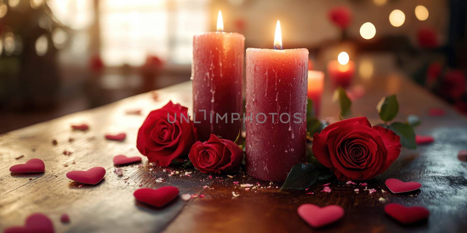 In a warm, softly lit setting, two glowing candles sit among scattered red roses and heart-shaped decorations, creating a romantic and inviting atmosphere for an intimate evening.