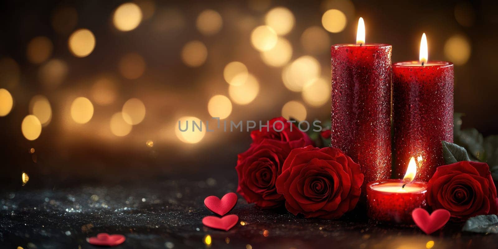 Three red candles softly flicker beside vibrant roses, creating a cozy and romantic atmosphere. Sparkling lights enhance the enchanting mood perfect for a special occasion.