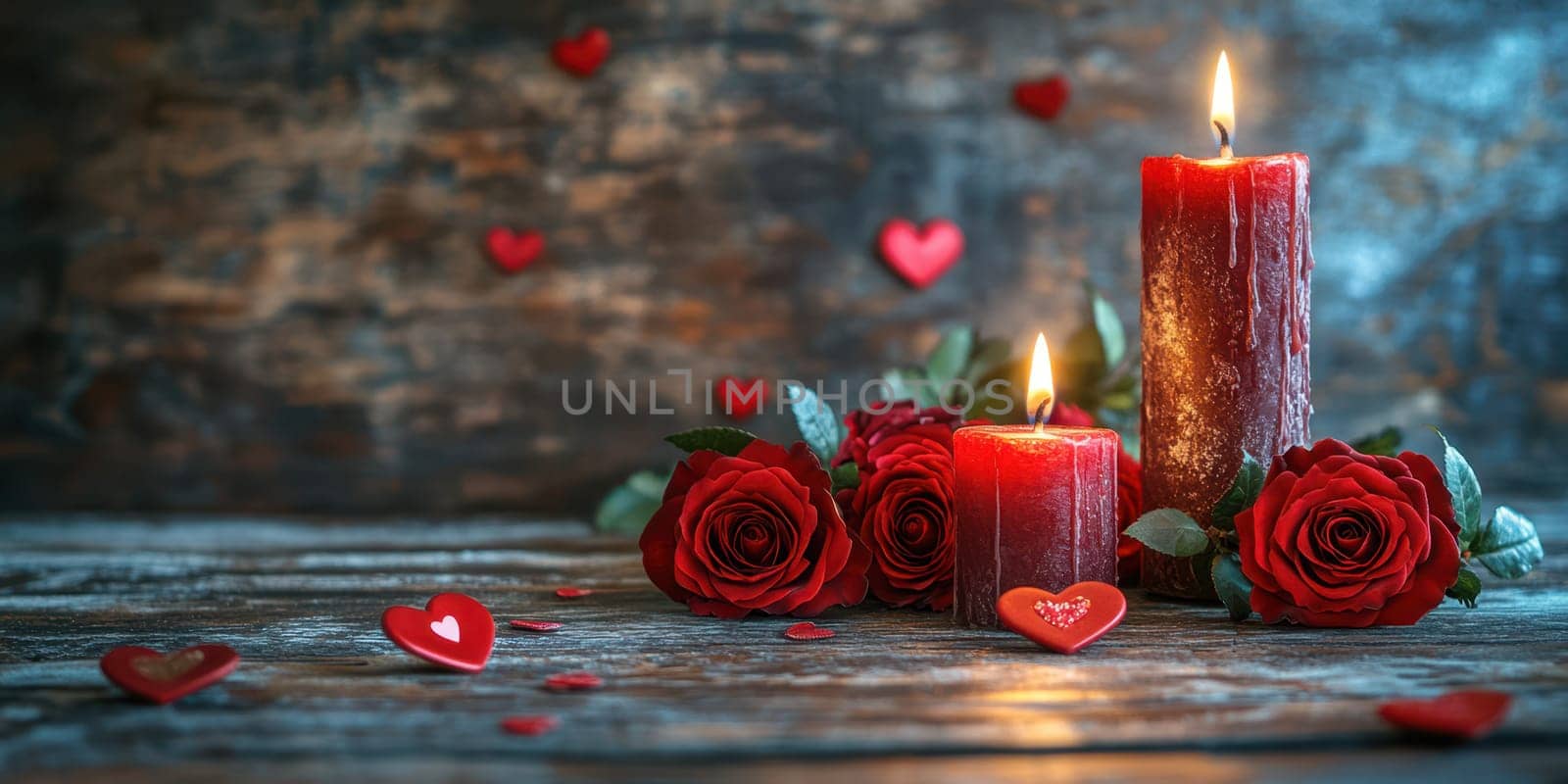 Candles burn softly beside vibrant red roses, surrounded by heart-shaped decorations on a rustic wooden surface. This evokes a warm, romantic atmosphere perfect for celebrations.