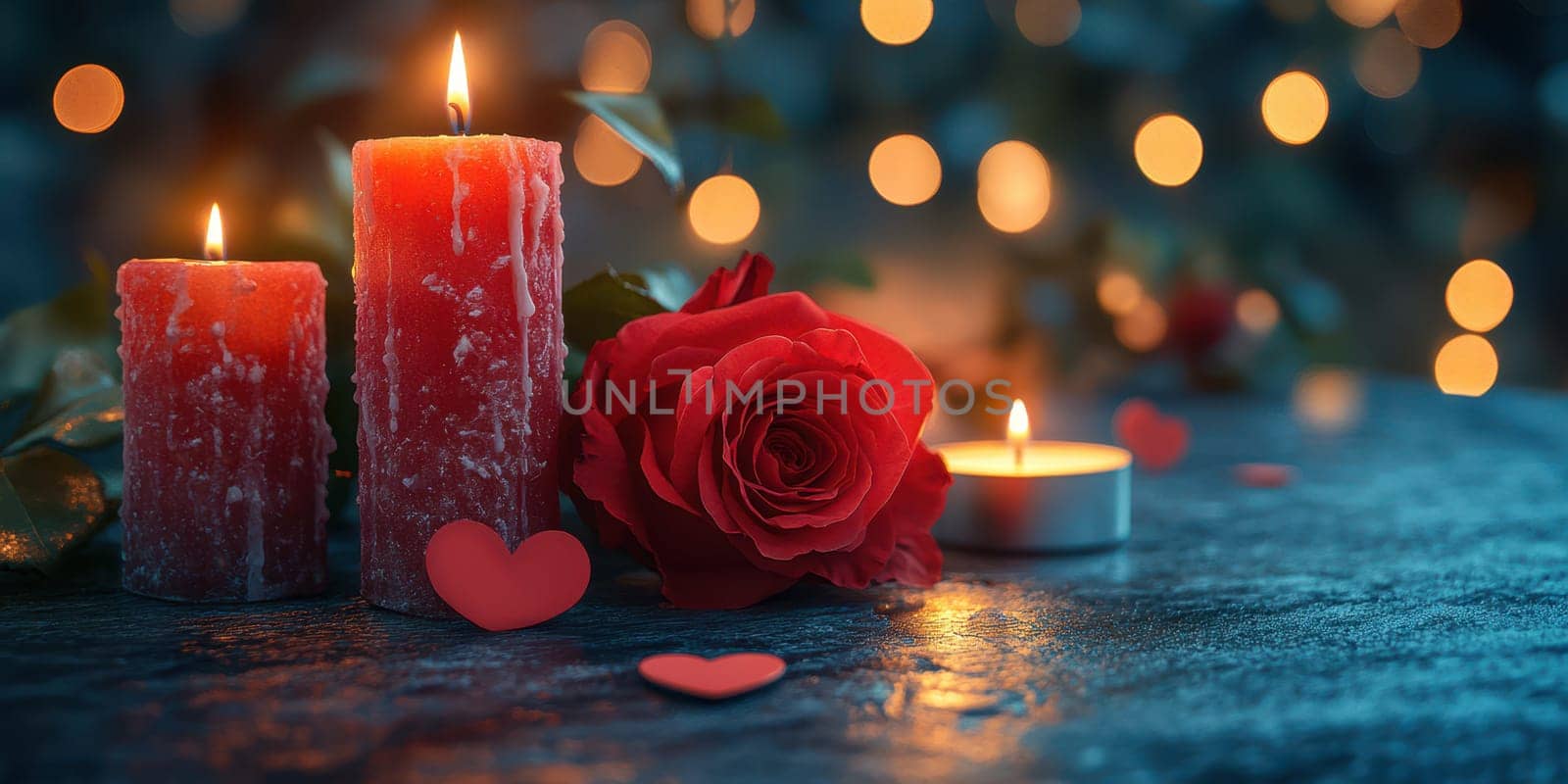 Warm candlelight illuminates a romantic arrangement featuring red candles, a single rose, and scattered heart shapes, creating an inviting atmosphere for an intimate evening.