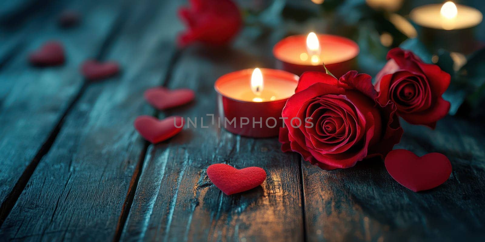 Soft candlelight illuminates red roses and heart-shaped decorations on a rustic wooden table, creating a romantic atmosphere for a special event or celebration.