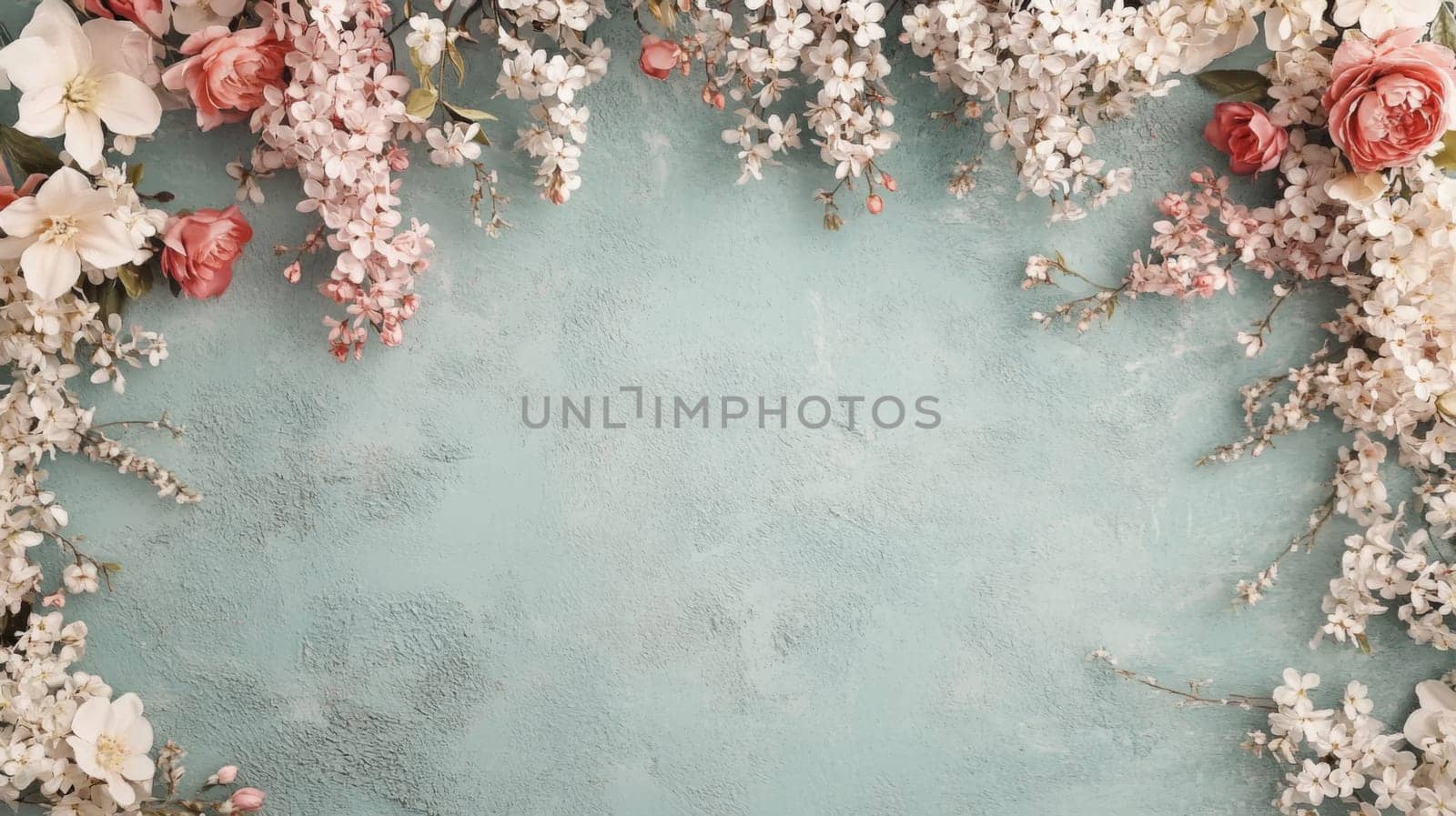 Delicate spring flowers in shades of pink and white create a charming frame around a tranquil turquoise backdrop with copy space, perfect for spring themed designs or wedding invitations.