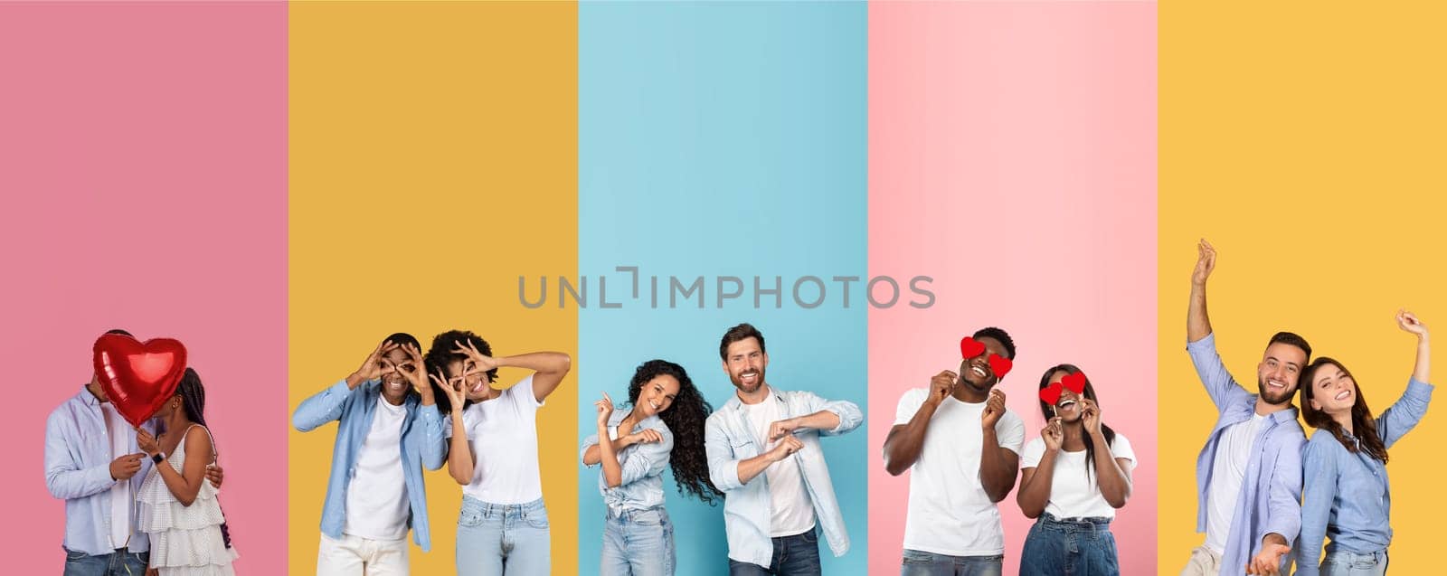 A vibrant collage showcasing diverse couples and friends joyfully expressing their affection together for St. Valentine's Day. Colorful backgrounds enhance the festive atmosphere.