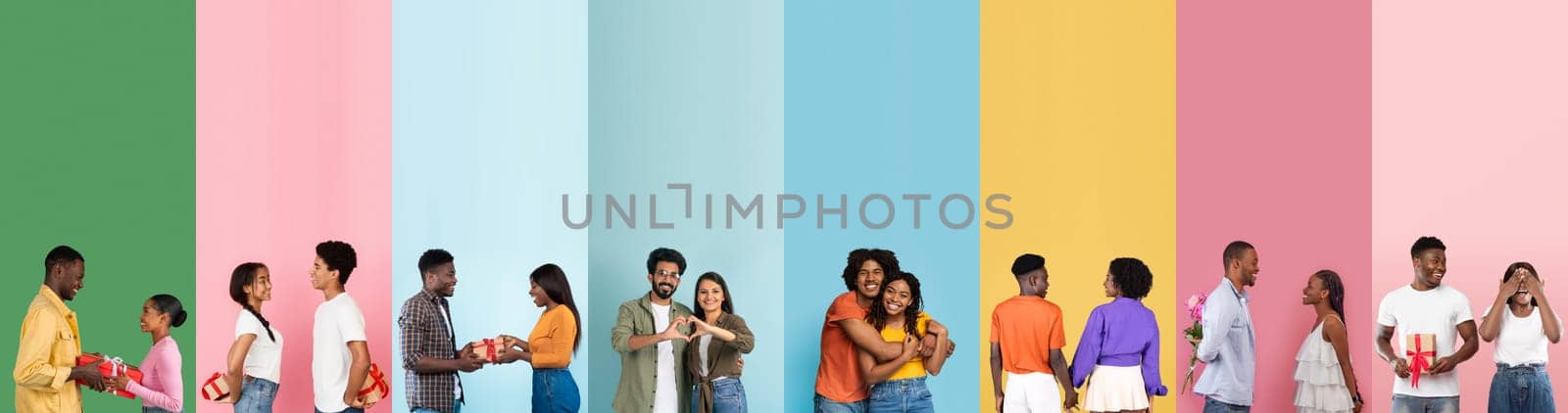 Different couples enjoy sweet moments of affection and joy while exchanging gifts and sharing smiles. The vibrant colors highlight their relationships during the Valentine's Day celebration.