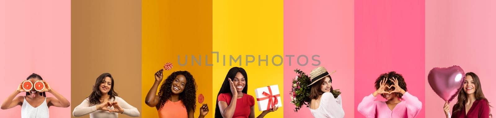 A colorful collage features diverse women celebrating affection and love. Each person holds symbols of romance like gifts and hearts, embodying the spirit of Valentines Day.