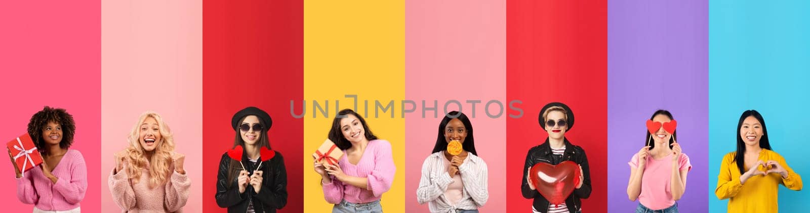A vibrant collage features women sharing affection on St Valentines Day, showcasing diverse people holding gifts and symbols of love in a lively atmosphere of celebration and togetherness.