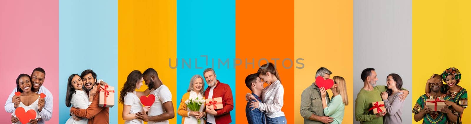 A collection of couples joyfully celebrating St. Valentines Day. Each pair shares moments of affection, exchanging gifts, flowers, and kisses against vibrant backgrounds. Love is in the air.