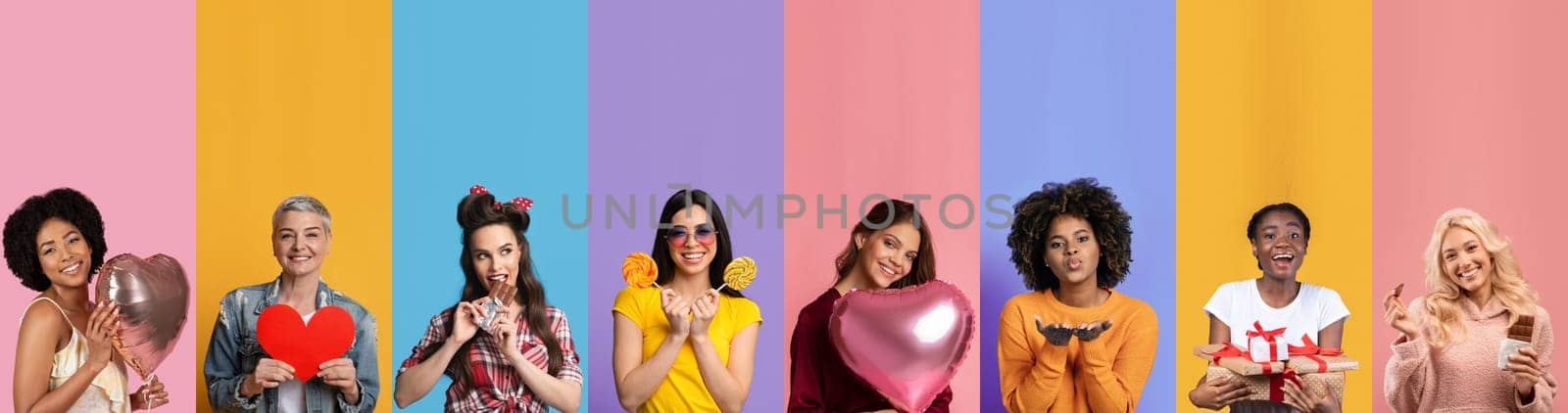 A lively collage depicts diverse individuals joyfully celebrating Valentines Day, showcasing hearts, gifts, and smiles. Each person expresses affection and happiness in a colorful setting.