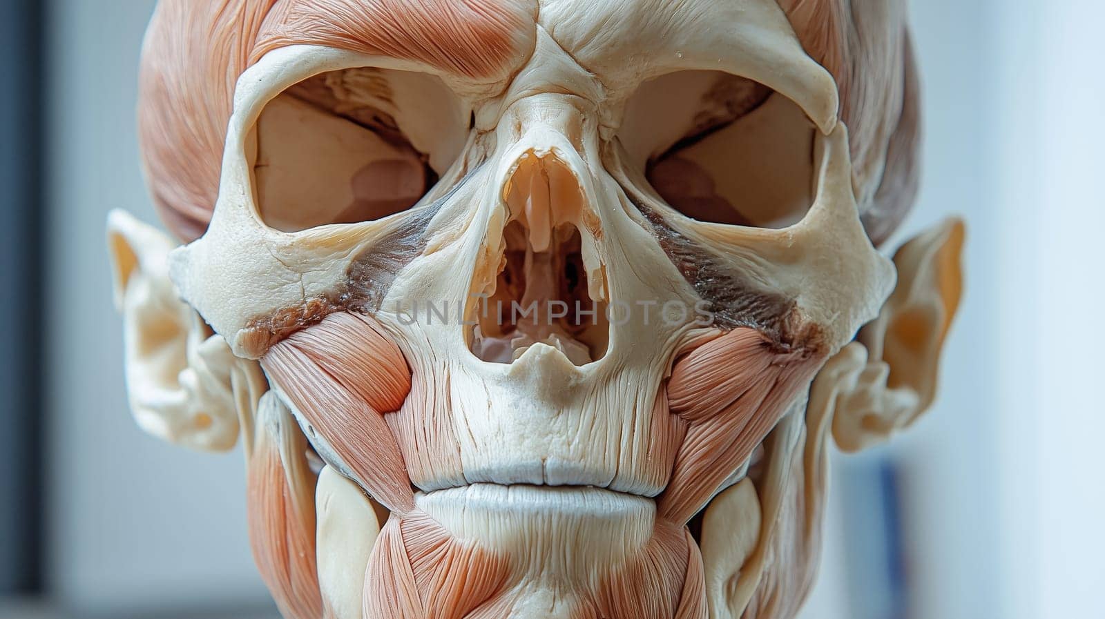 Close-up of a human skull with facial muscles, showcasing their intricate structure. Medical, educational, anatomical studies.