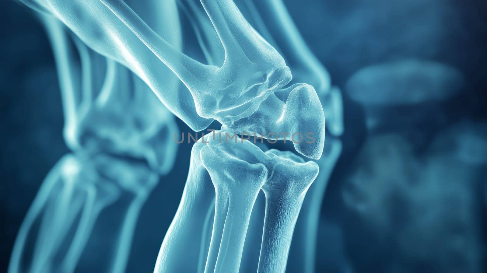 X-ray, close-up view of a human knee joint, showcasing the bones and structure