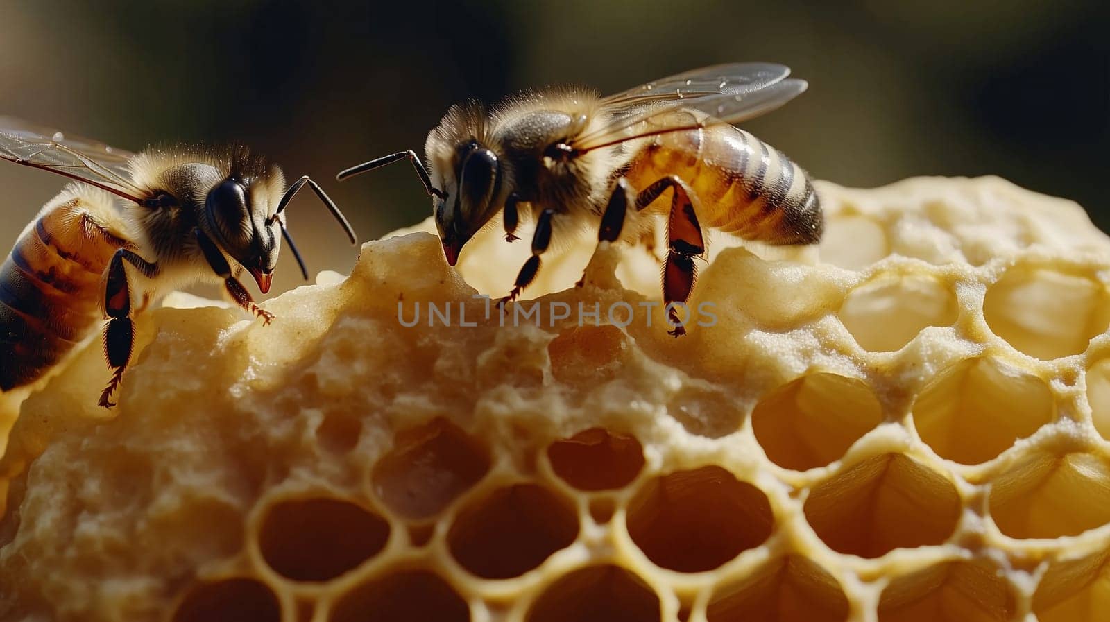 Bees and cocoons with pollen in honeycombs close-up as background, honey and beekeeping concept
