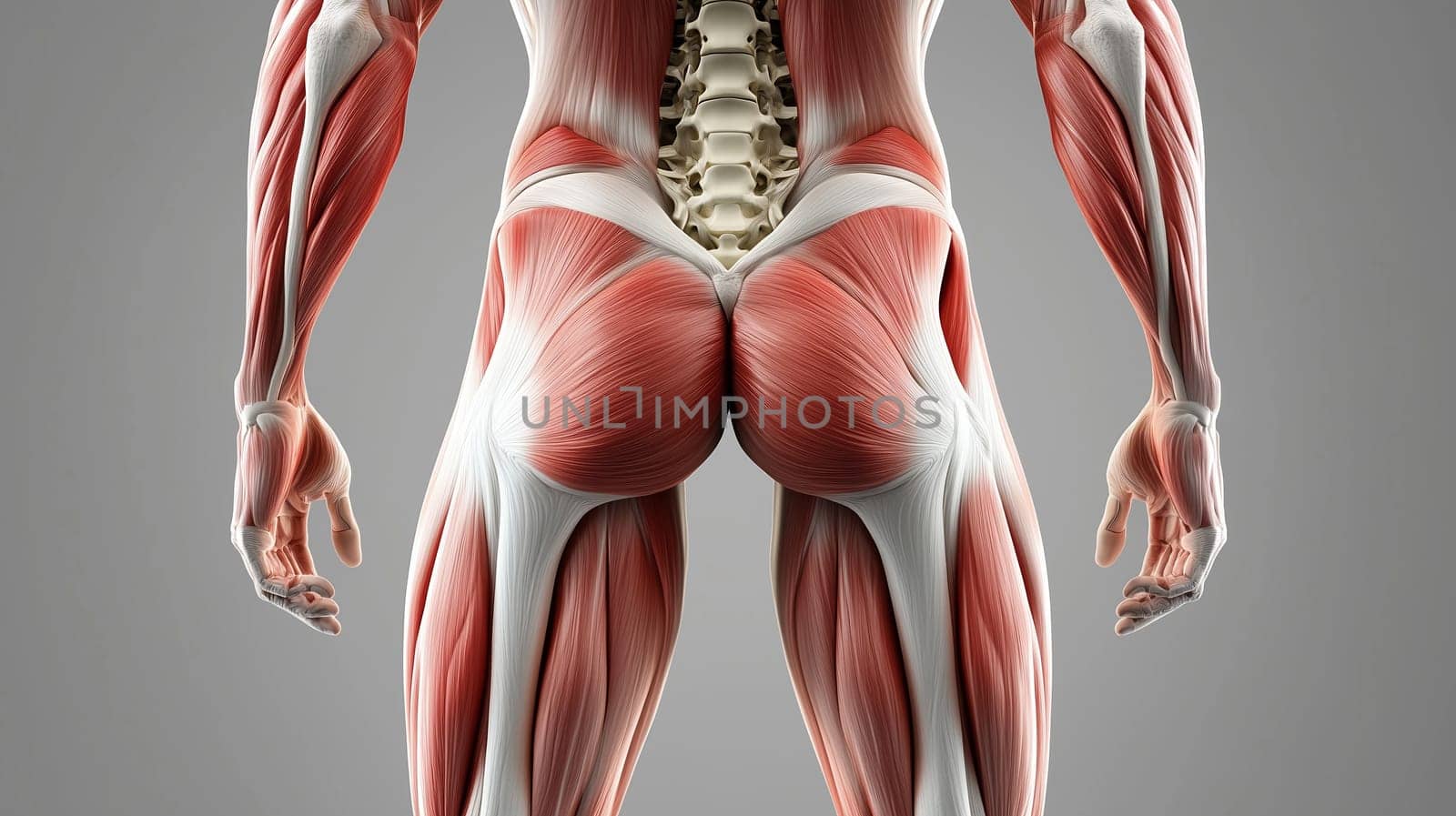 Detailed anatomical image of human back muscles, highlighting their structure and connection to the skeletal system. Medical, educational illustration