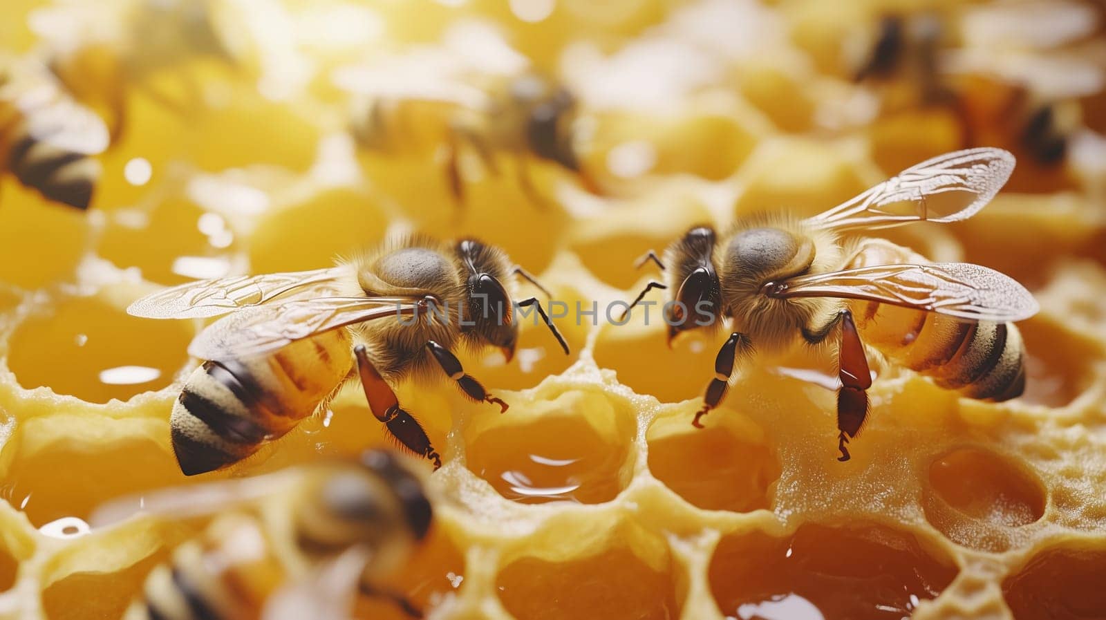 Bees and cocoons with pollen in honeycombs close-up as background, honey and beekeeping concept