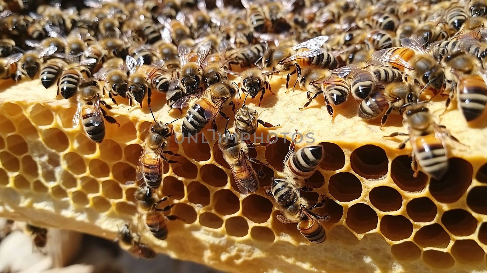 Bees and cocoons with pollen in honeycombs close-up as background, honey and beekeeping concept