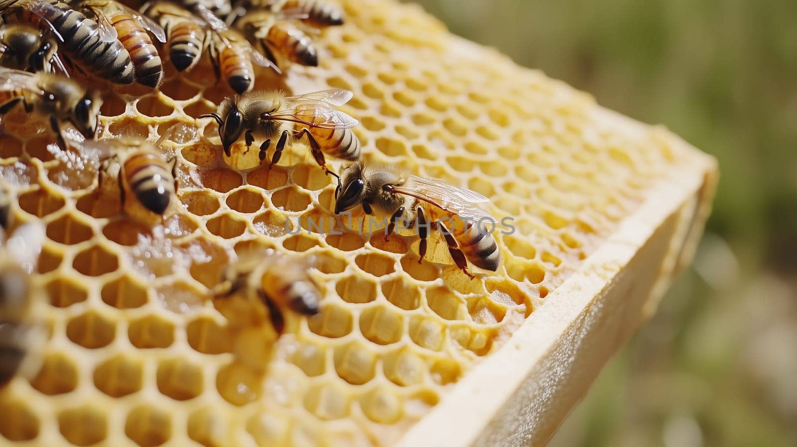 Bees and cocoons with pollen in honeycombs close-up as background, honey and beekeeping concept
