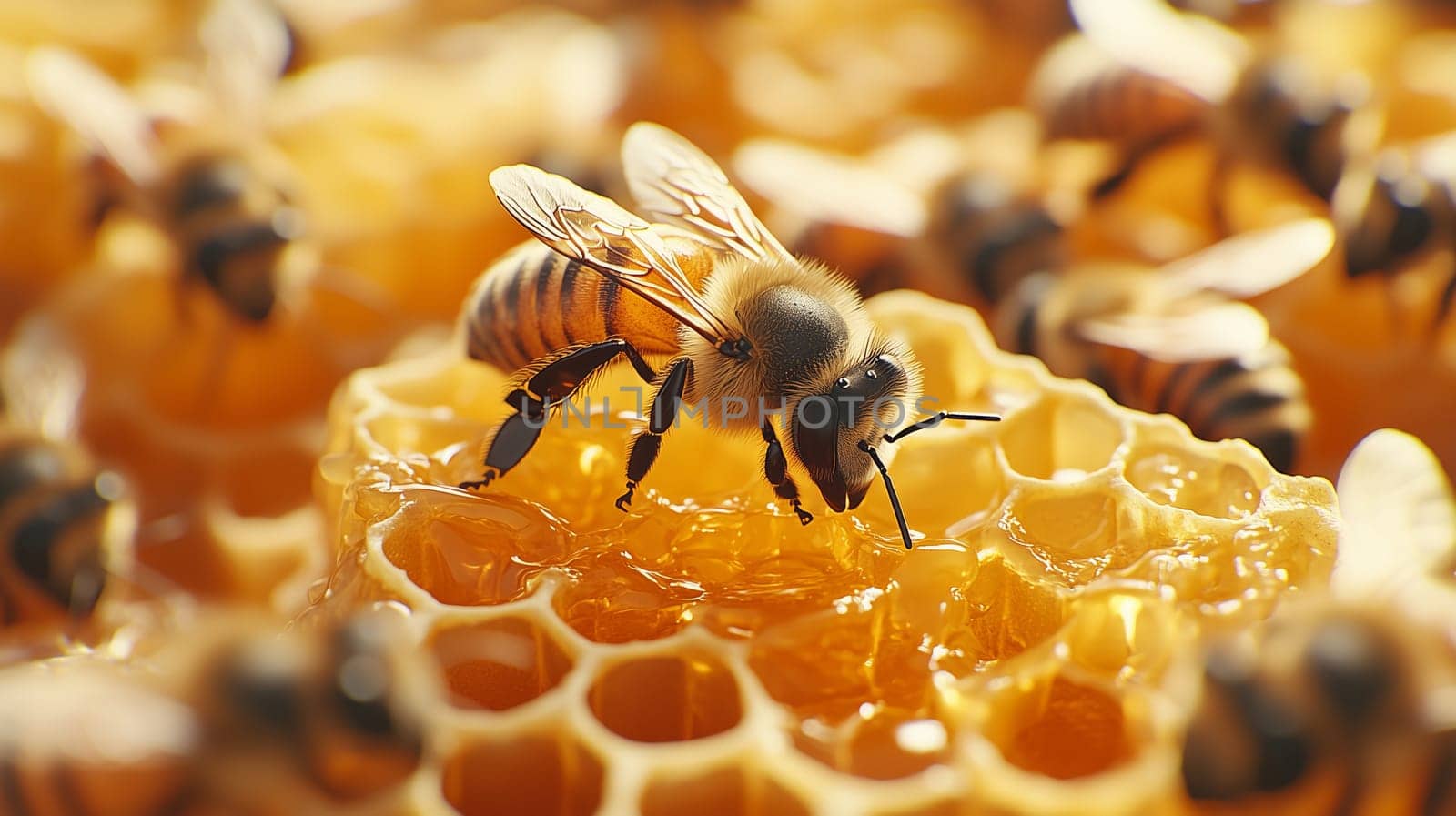 Bees and cocoons with pollen in honeycombs close-up as background, honey and beekeeping concept