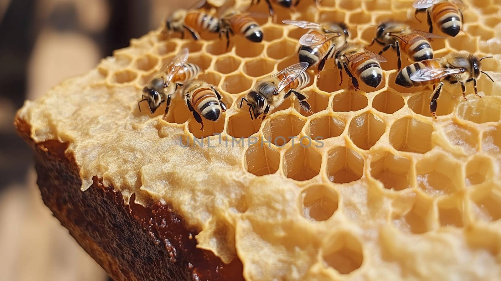 Bees and cocoons with pollen in honeycombs close-up as background, honey and beekeeping concept