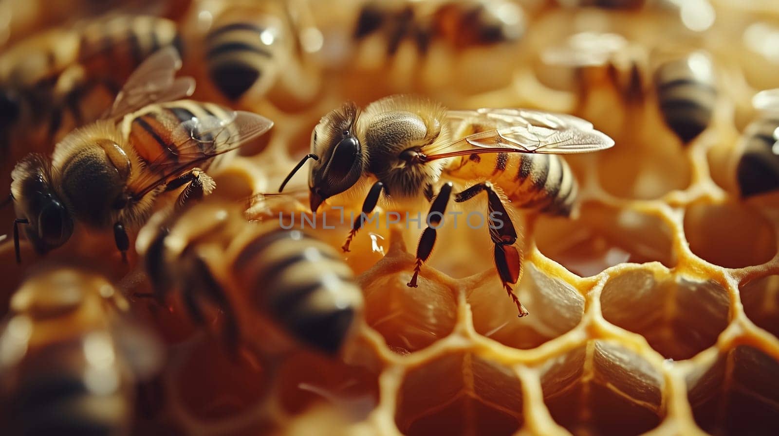 Bees and cocoons with pollen in honeycombs close-up as background, honey and beekeeping concept