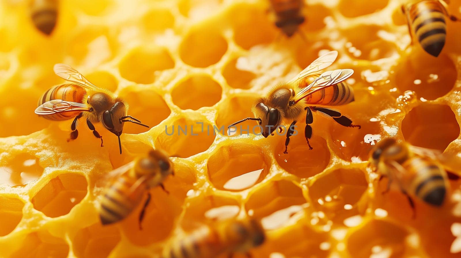 Bees and cocoons with pollen in honeycombs close-up as background, honey and beekeeping concept