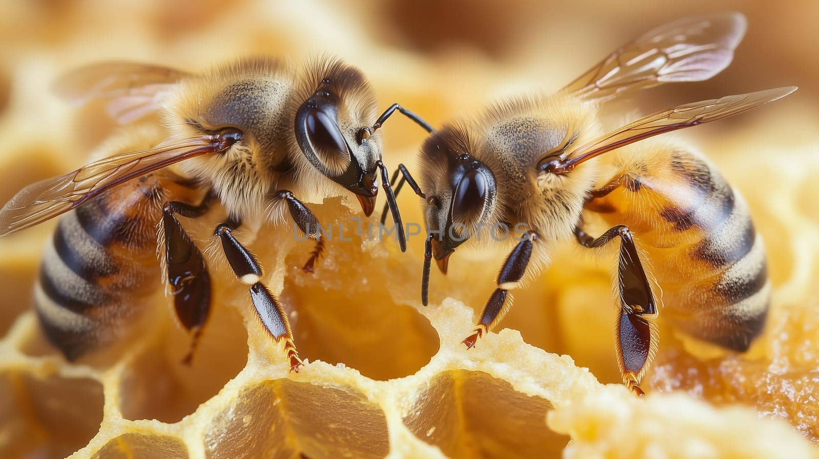 Bees and cocoons with pollen in honeycombs close-up as background, honey and beekeeping concept