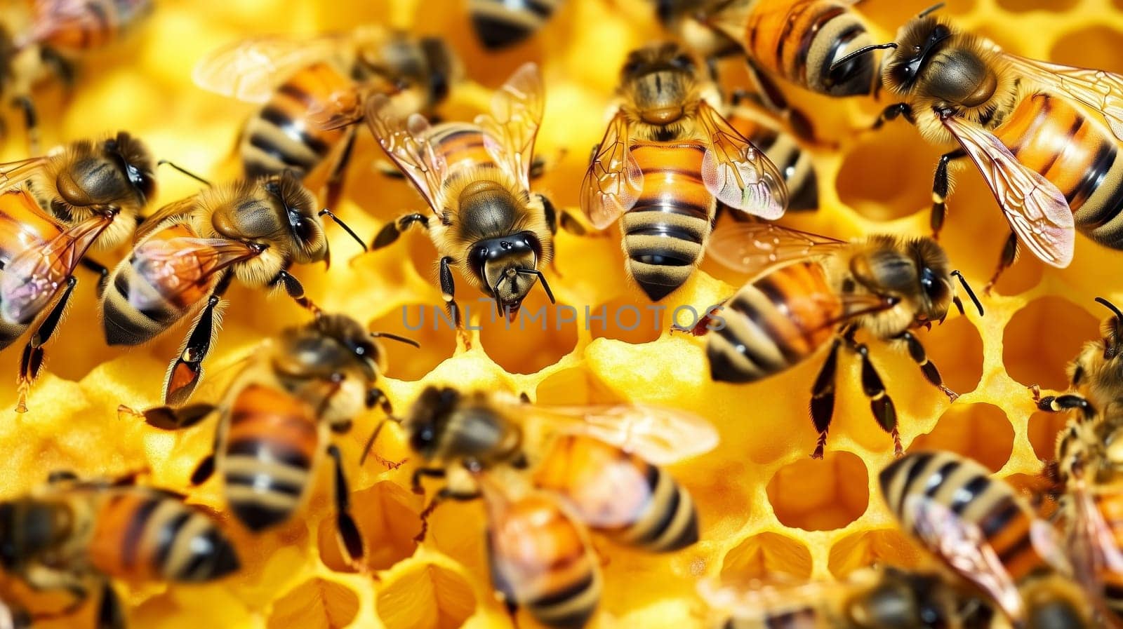 Bees and cocoons with pollen in honeycombs close-up as background, honey and beekeeping concept