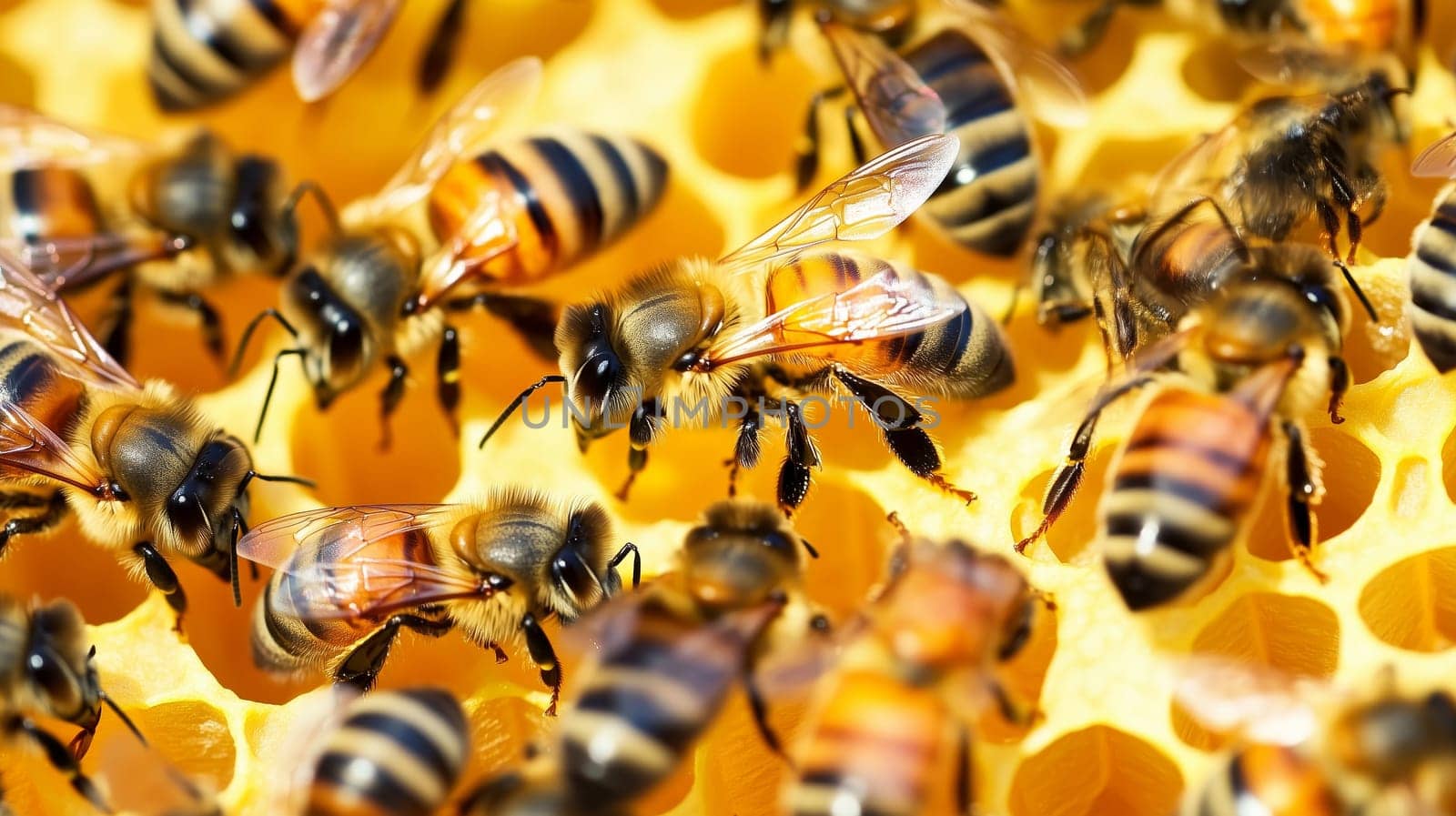 Bees and cocoons with pollen in honeycombs close-up as background, honey and beekeeping concept