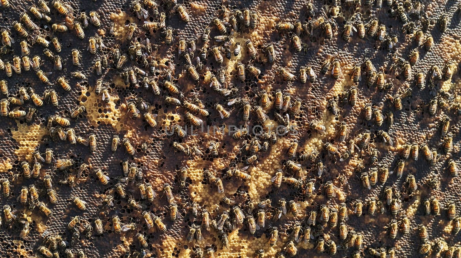 Many bees and cocoons with pollen in honeycombs close-up as background, honey and beekeeping concept