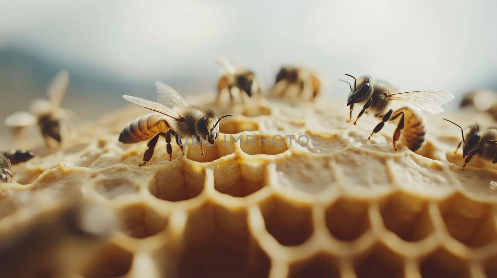 Bees and cocoons with pollen in honeycombs close-up as background, honey and beekeeping concept