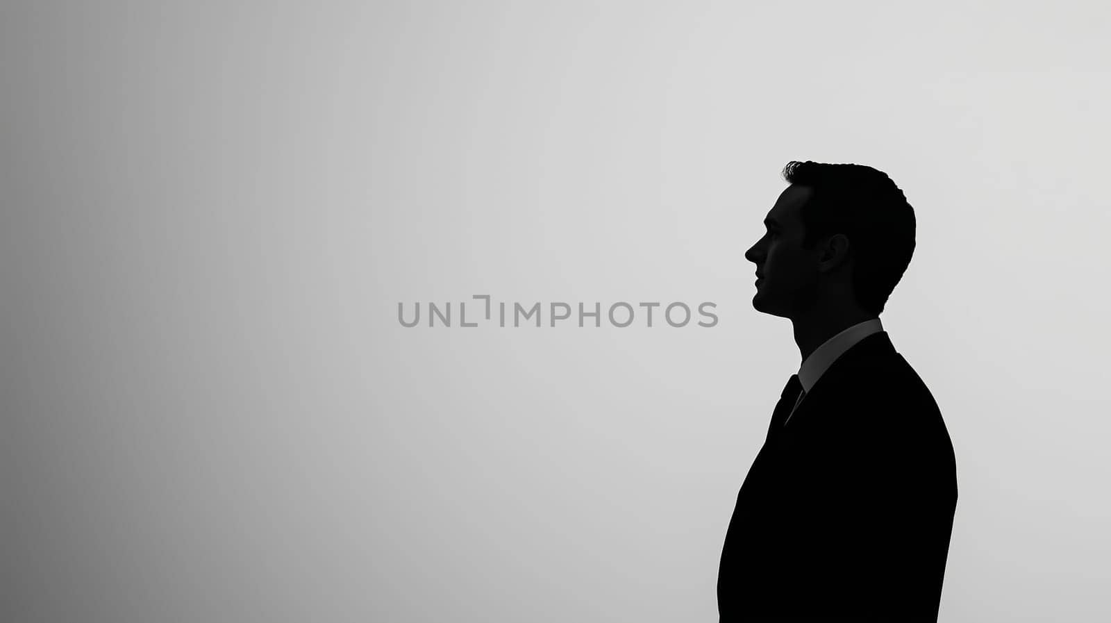 Silhouette of side view businessman in suit stands against a gray studio background, contemplating the unknown future, challenge
