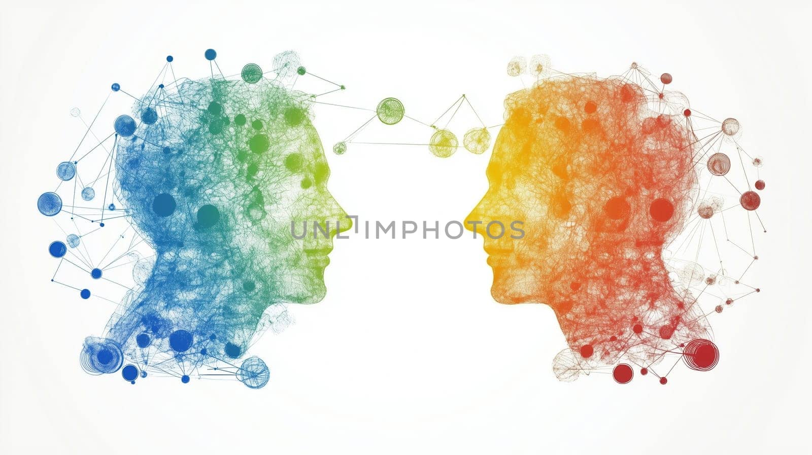 Two profile silhouettes of human heads, composed of interconnected nodes and lines, symbolize communication, collaboration, and the exchange of ideas