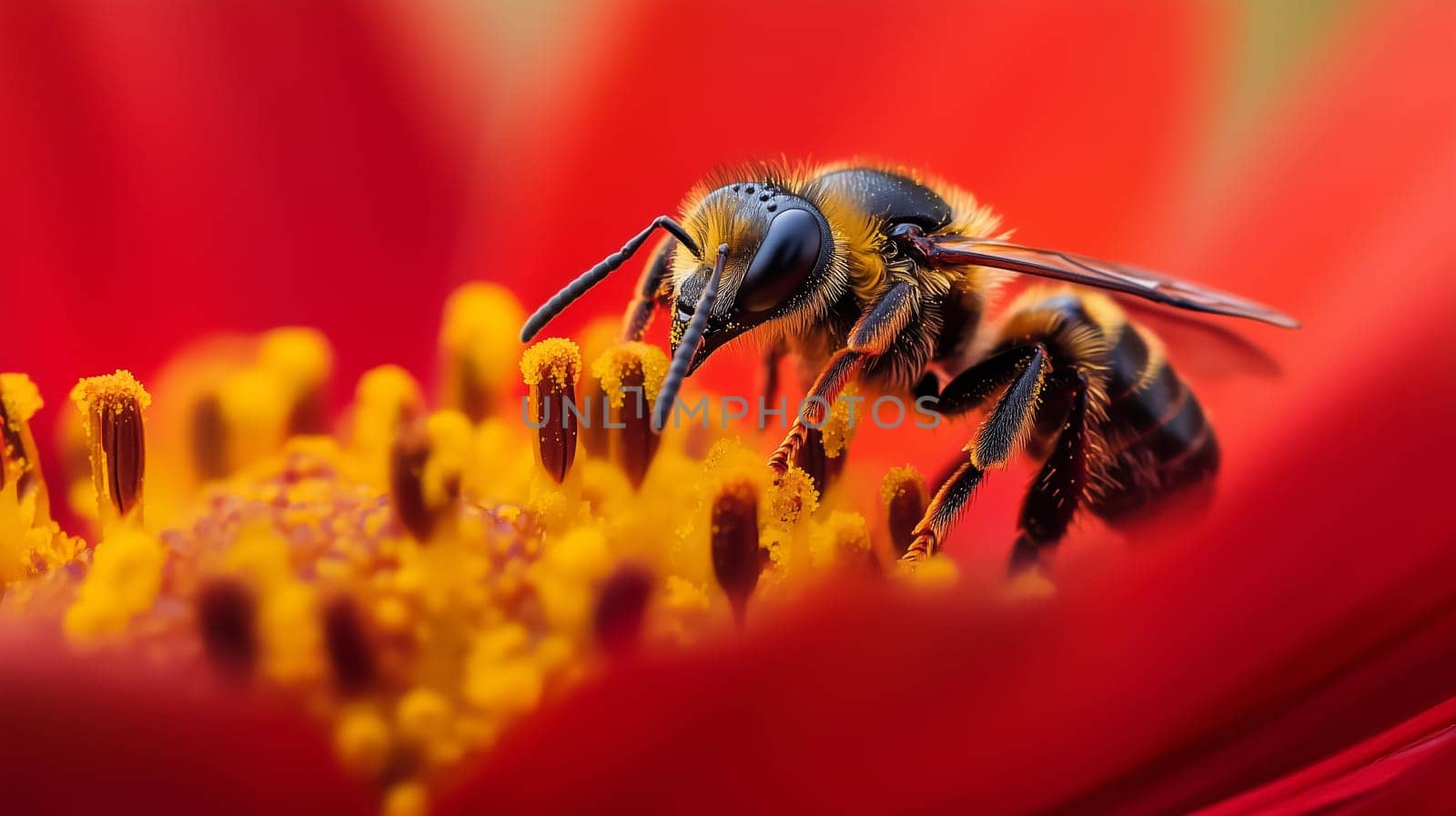 Close-up bee sitting on a flower pollinates and collects pollen, insects, honey and beekeeping concept