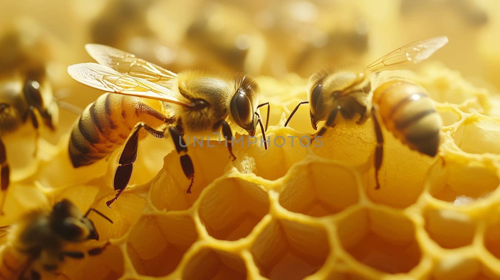 Bees and cocoons with pollen in honeycombs close-up as background, honey and beekeeping concept