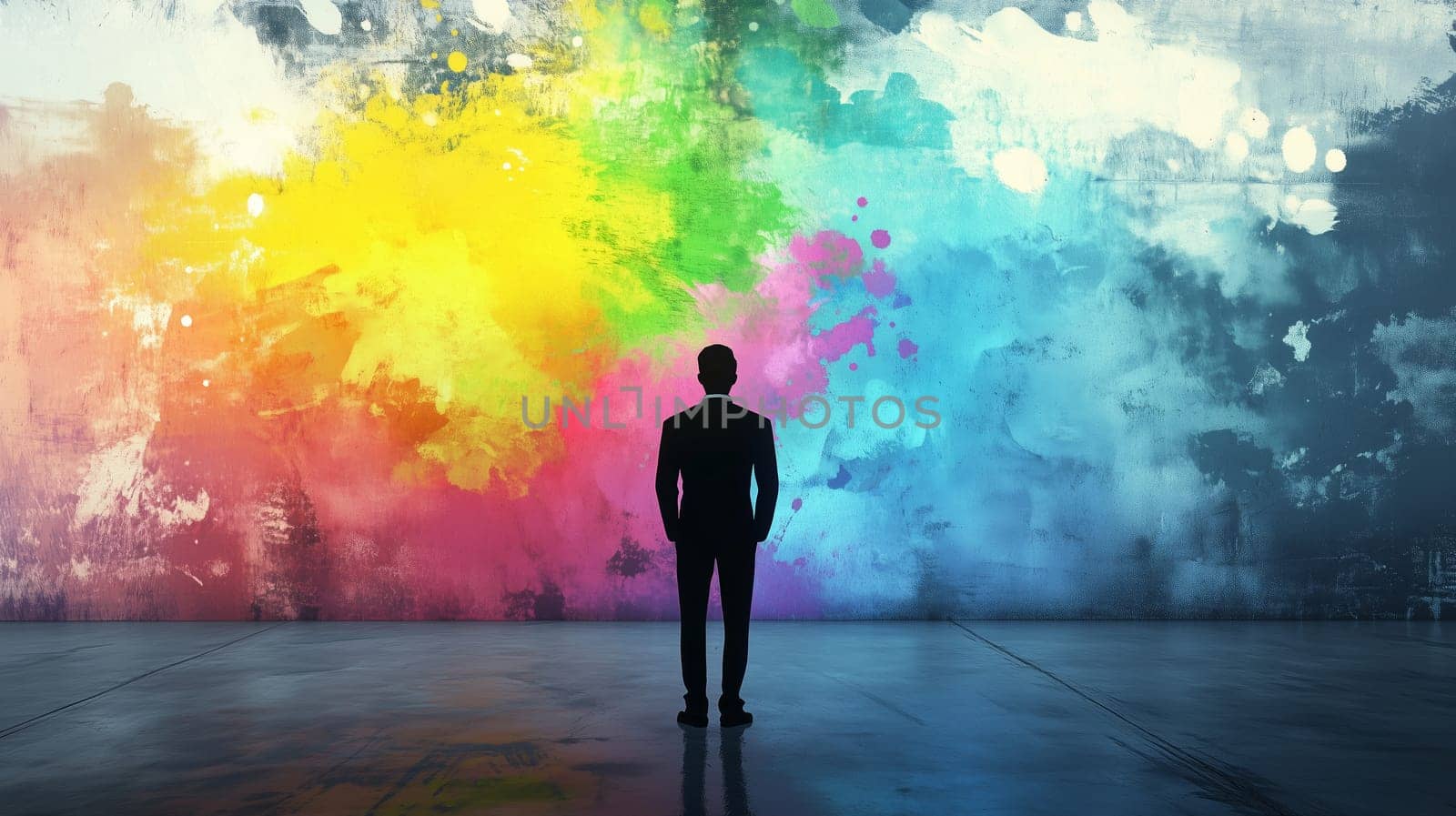 Back view silhouette of businessman stands against a bright wall with paints, thinking about ideas and creative solutions