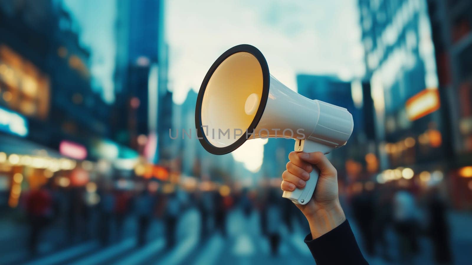 Hand holds a megaphone emitting a stream of sounds, power of communication, digital marketing