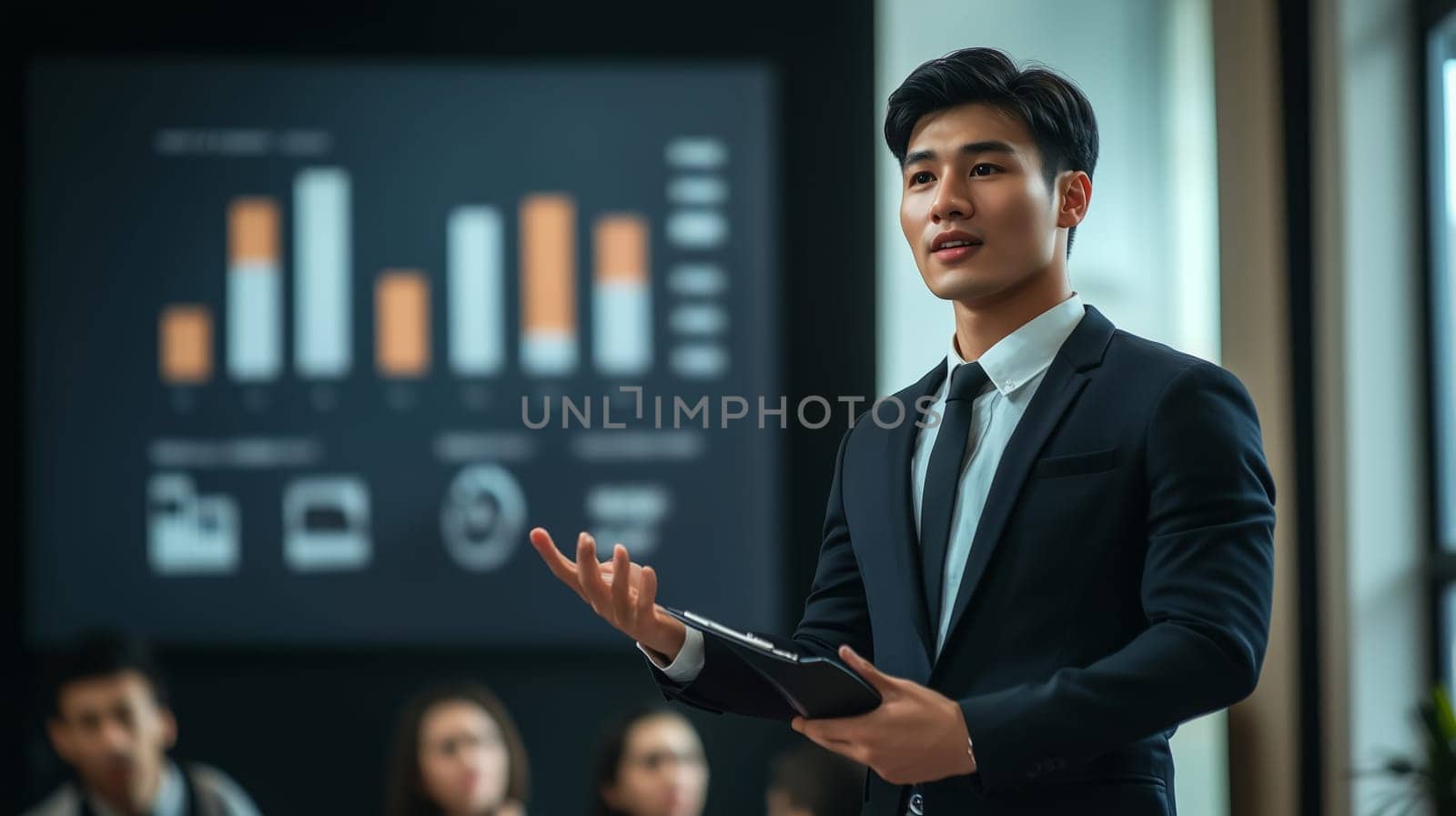 Confident motivational speaker Asian man speaking to an audience at business conference, businessman or seminar, official meeting