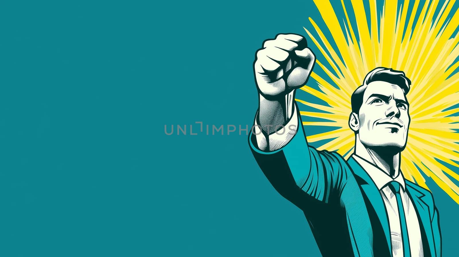 Strong businessman in suit raises his fist up in a gesture of victory and determination, a symbol of strength, ambition, aspiration, business background