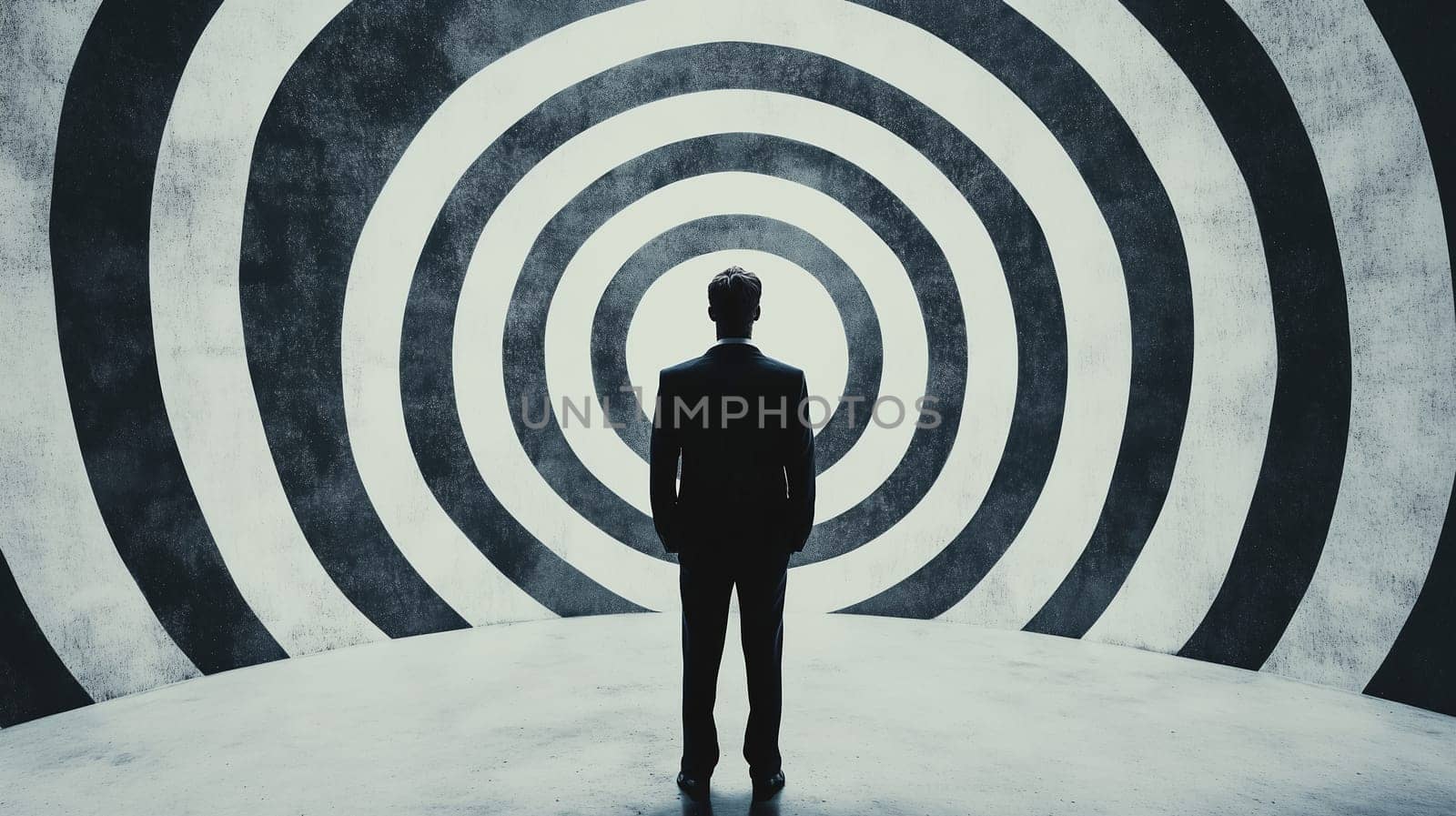Silhouette of back view businessman in suit stands before a large target, focused, ambition, and the pursuit of business goals, strategic planning and achieving objectives