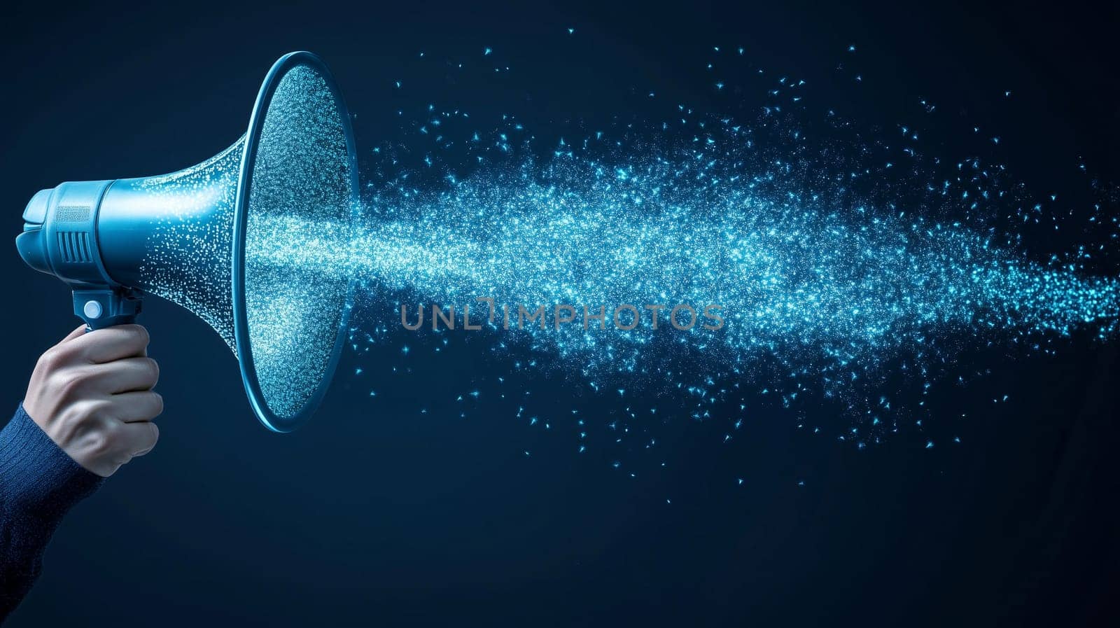 Technology concept, hand holds a megaphone emitting a stream of sounds, shimmering particles, power of communication, digital marketing. Bright, dynamic flow of data.