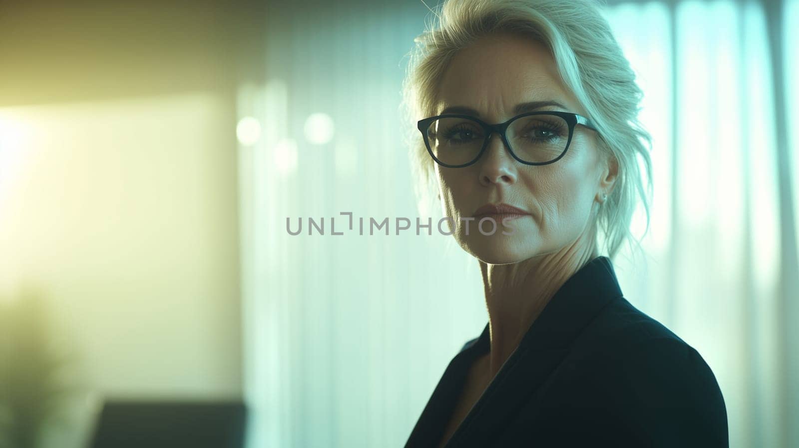 Portrait of confident mature businesswoman with glasses standing in the office, female entrepreneur wearing business suit looking at camera