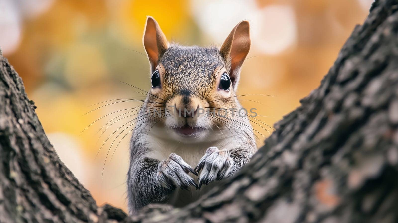 A fluffy squirrel holds onto a tree, looking at camera with curious eyes
