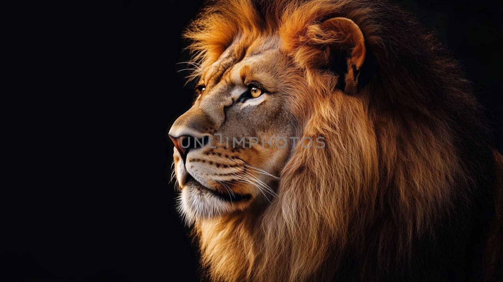 Side profile view of a majestic male lion with a thick fur mane, looking away isolated on black background