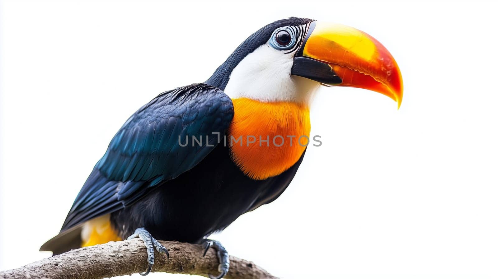 A colorful toucan bird sitting on tree branch with a large, brightly colored beak isolated on a white background
