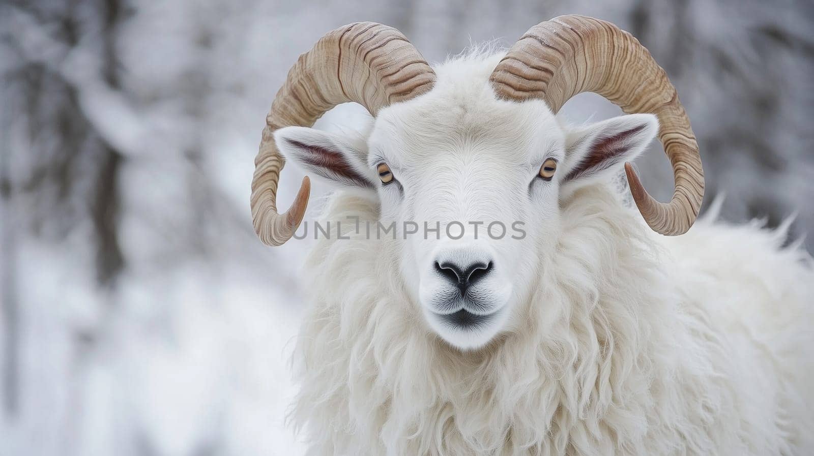 A strong white ram with curled horns stands proudly in a snowy landscape