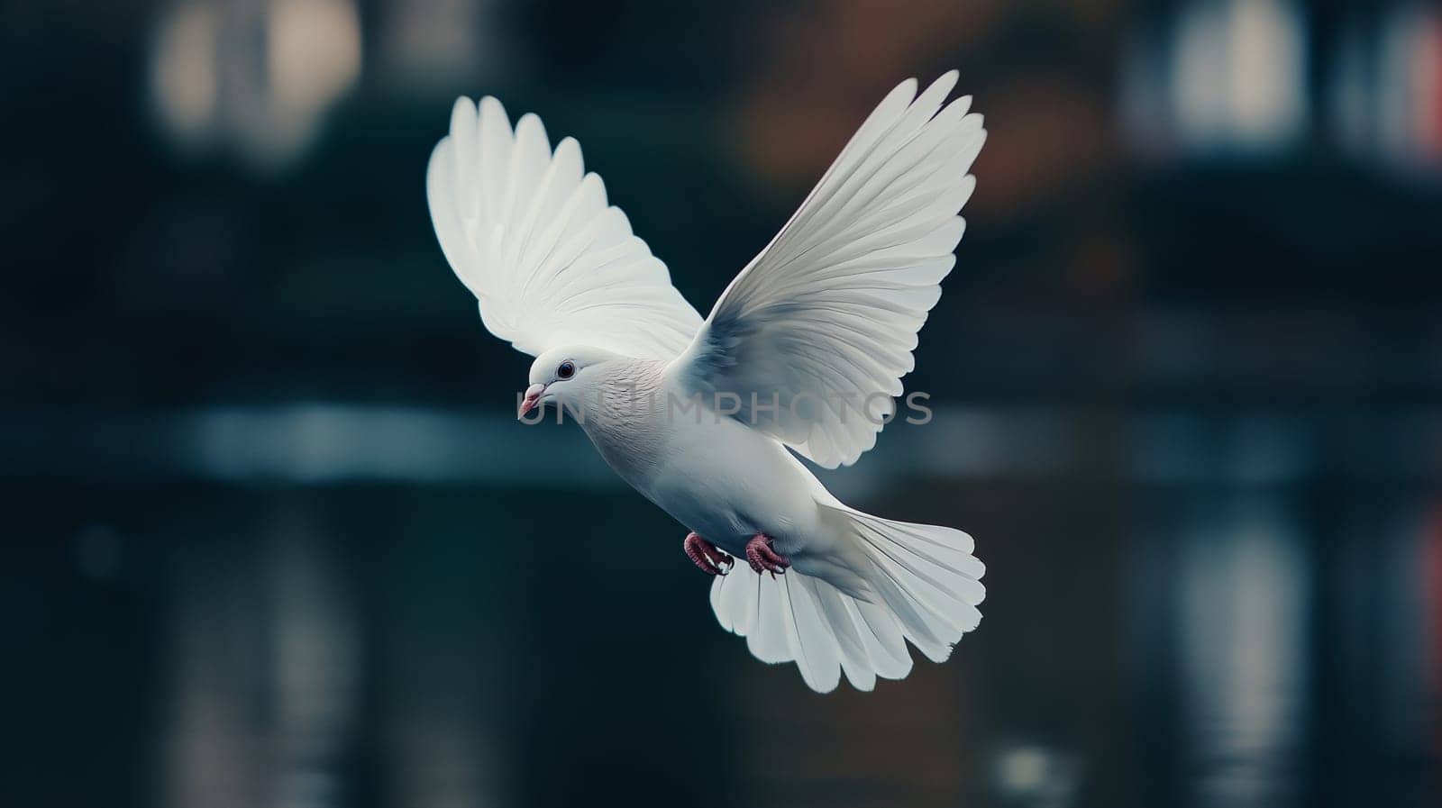 A white dove with wings outstretched, captured in the moment of taking flight in the park