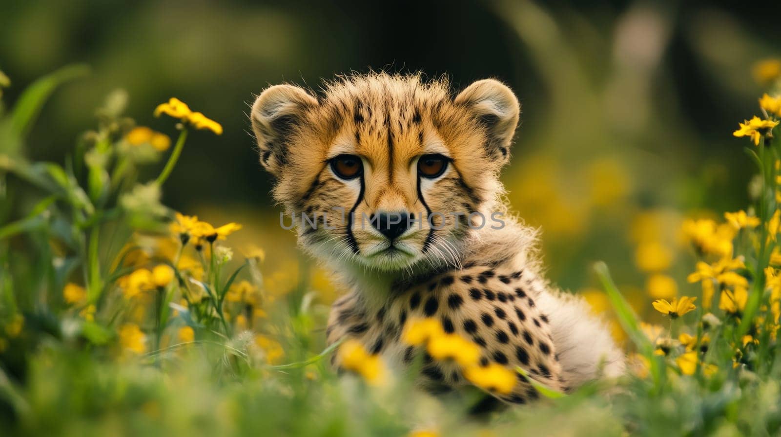 Cute cheetah cub surrounded by green leaves, observing the environment