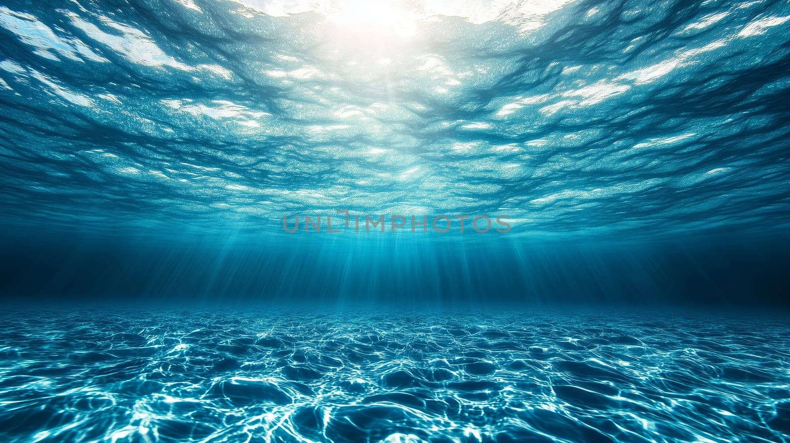 Peaceful underwater seascape background showing sunlight filtering through clear blue water surface, creating rays and patterns on sandy ocean floor