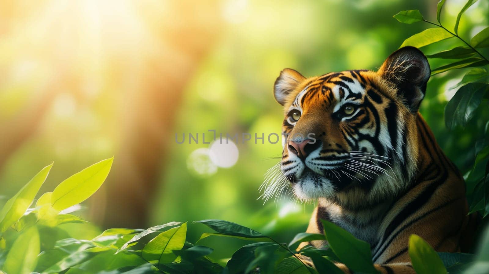 A tiger is hidden amongst lush green leaves, with sunlight through the foliage, serene and wild powerful